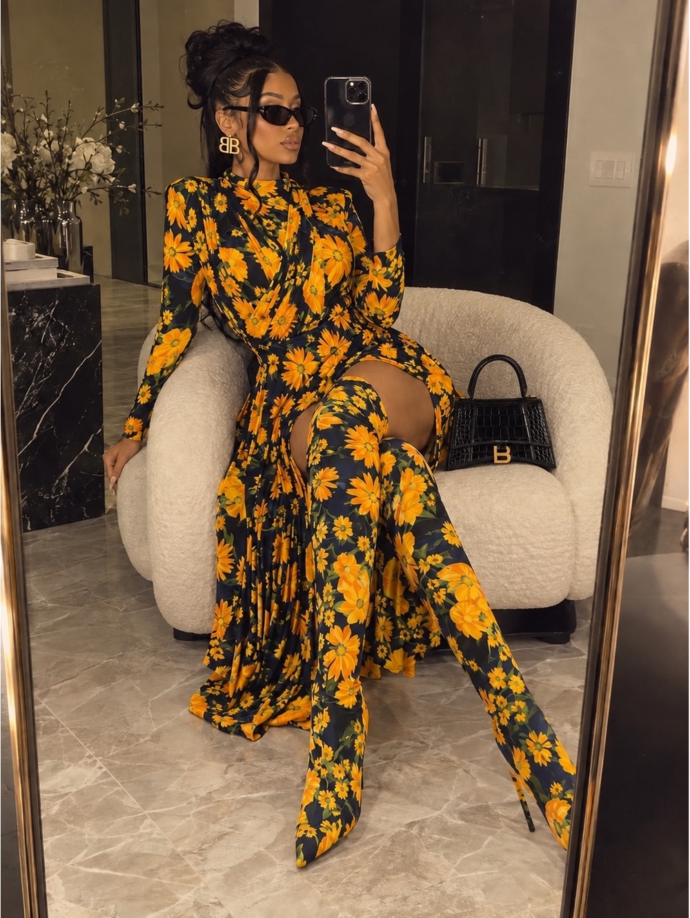 Balenciaga Winter 2022 Yellow Bouquet Floral Thigh High Boots size 41 US 10